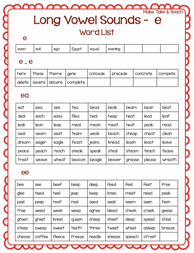 Long Vowel Spelling Word lists long e Long Vowel Spelling Word lists long e